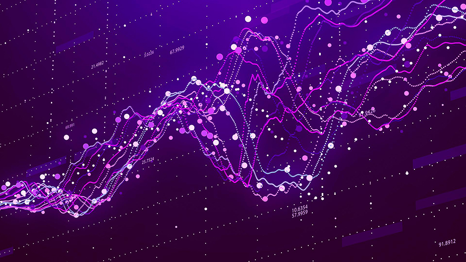 Abstract data visualization showing multiple colorful, dotted and curved lines on a purple background.