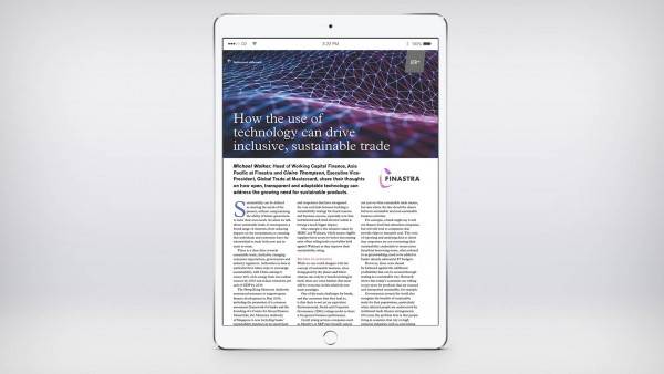 How the use of technology can drive inclusive, sustainable trade Tablet screen with Image of digital net and article