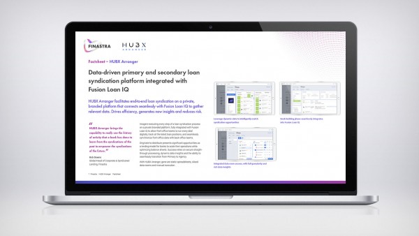 Data-driven primary and secondary loan syndication platform integrated with Fusion Loan IQ Image of laptop with HUBX Arranger factsheet