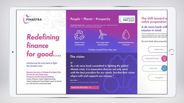 Redefining finance for good with Climate First Bank (I/O) the only bank to fight the climate crisis Image of tablet with infographic