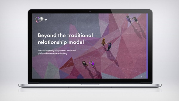 Beyond the traditional relationship model: Transitioning to digitally powered, end-to-end, platform-driven corporate banking Image of laptop with top down view of people shaking hands