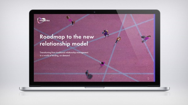 Roadmap to the new relationship model: Transitioning from traditional relationship management to a world of lending, on demand Image of laptop with top down view of people walking