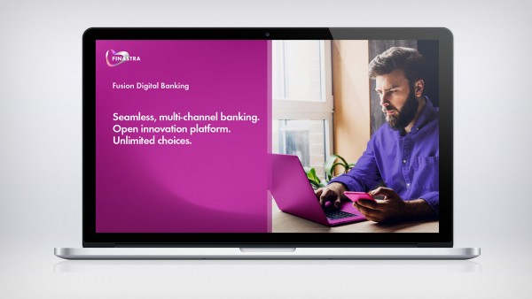 Fusion Digital Banking: One platform. One experience. Unlimited choices. Image of laptop with man with laptop and phone