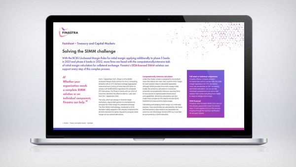 Solving the SIMM challenge with Finastra's ISDA-licensed solution Image of laptop with factsheet