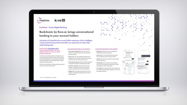 BankAssist, by Kore.AI Image of laptop with App Factsheet