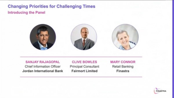 Banking technologies: changing priorities for challenging times? Image of webinar title slide and presenters