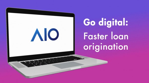 AIO - Verified Financial Identity: Faster loan origination Image of laptop with AIO logo
