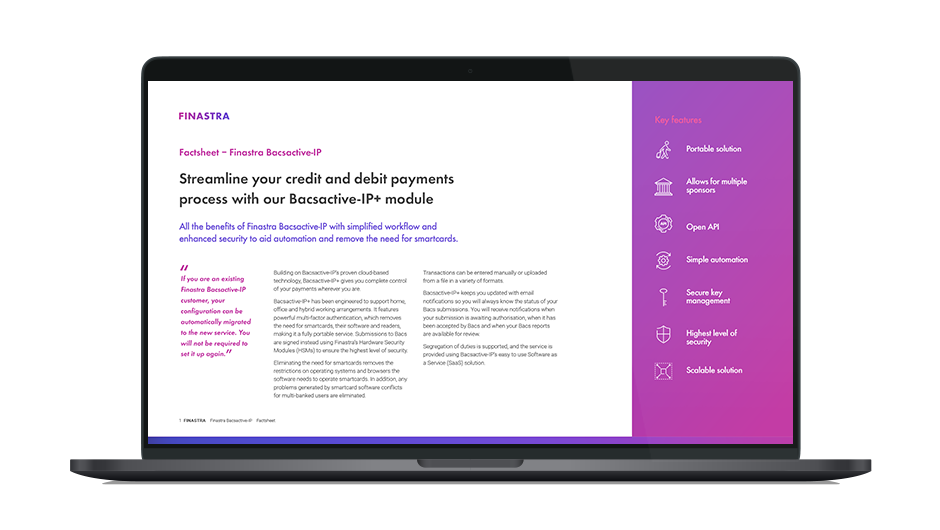 Image of laptop with cover slide for "Streamline your credit and debit payments process with our Bacsactive-IP+ module" factsheet