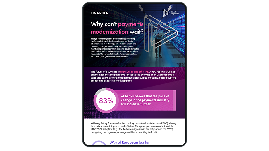 Image of tablet with cover slide of "Why can't payments modernization wait?" infographic