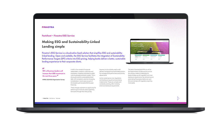 Image of laptop with cover slide for Finastra ESG Service factsheet