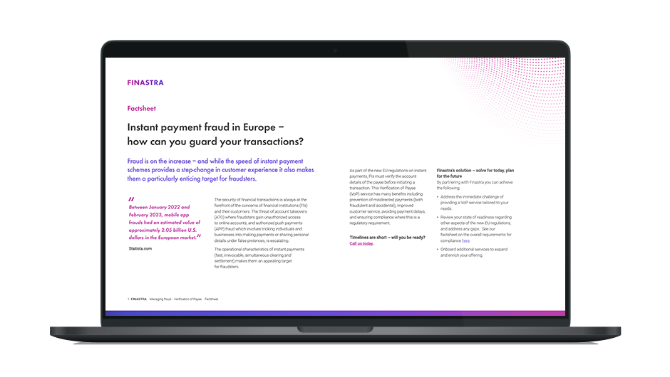 Image of laptop with cover slide for the "Instant payment fraud in Europe – How can you guard your transactions?" brochure