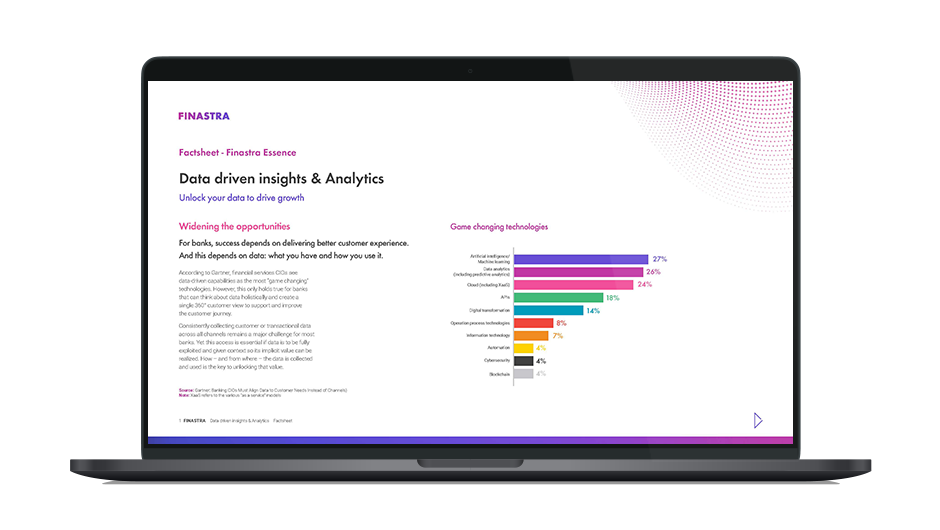 Image of laptop with cover slide of "Finastra Essence – Data & Analytics - Finastra Retail Analytics" factsheet