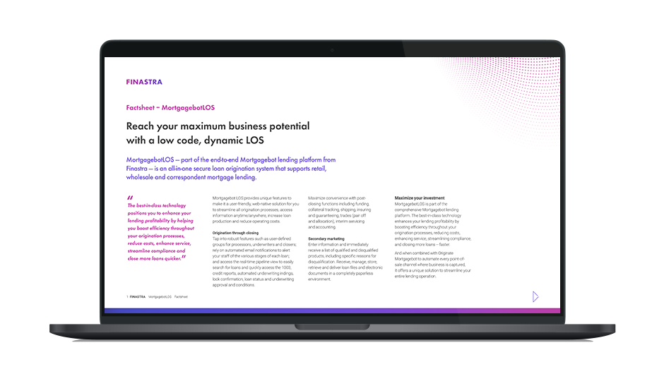 Image of laptop with cover slide for Fusion MortgagebotLOS - Overview factsheet