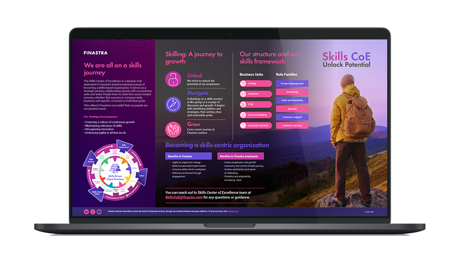Image of laptop with cover slide of "Skills CoE" infographic