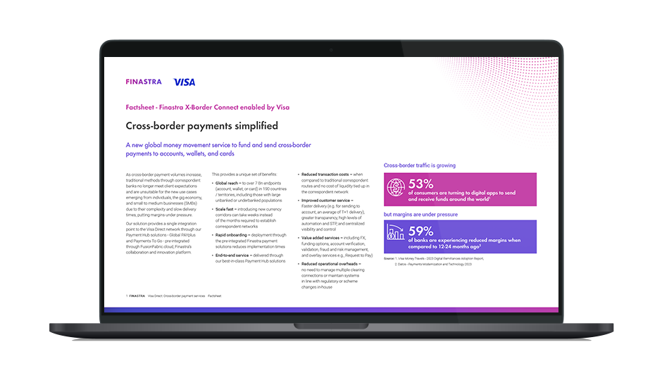 Image of laptop with cover slide for "Finastra X-Border Connect enabled by Visa" brochure