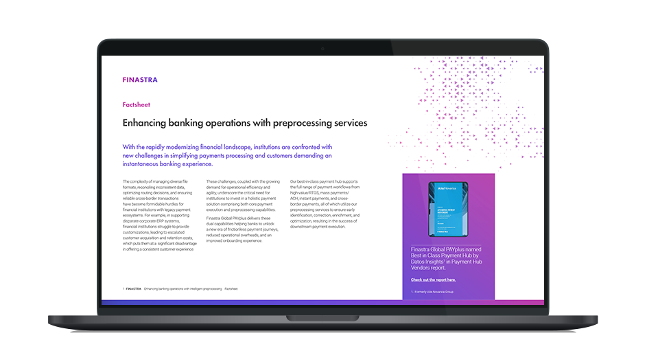 Image of laptop with cover slide for "Enhancing banking operations with preprocessing services" brochure