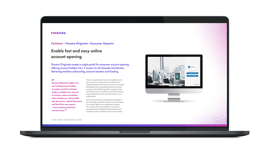 Image of laptop with cover slide for the Finastra Originate Consumer Deposits factsheet