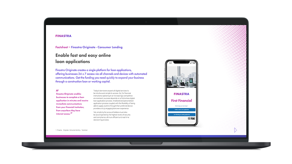 Image of laptop with cover slide for the Finastra Originate Consumer Lending factsheet
