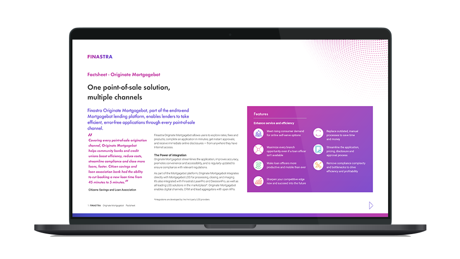 Image of laptop with cover slide for the Finastra Originate Mortgagebot factsheet