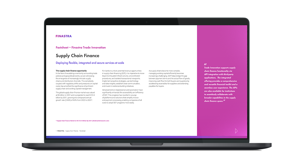 Image of laptop with cover slide for Finastra Trade Innovation: Supply chain finance factsheet