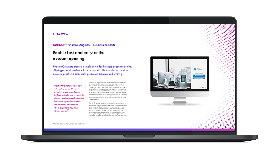 Image of laptop with cover slide for the Finastra Originate Business Deposits factsheet