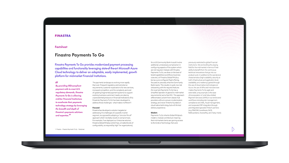 Image of laptop with cover slide for Finastra Payments To Go factsheet