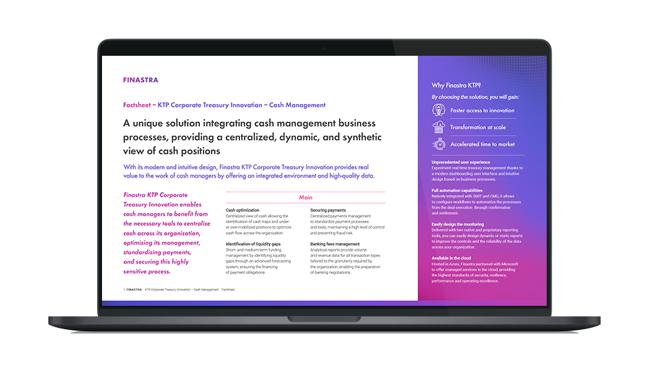 Image of laptop with cover slide for "Finastra KTP Corporate Treasury Innovation - Cash Management" brochure