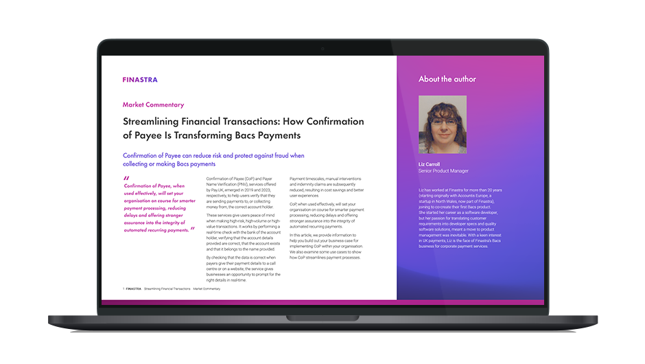 Image of laptop with cover slide for "Streamlining Financial Transactions: How Confirmation of Payee Is Transforming Bacs Payments (Market Commentary)" researche