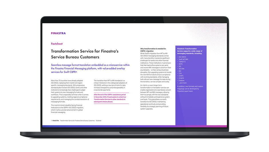 Image of laptop with cover slide for "Transformation service for Finastra’s Service Bureau Customers" factsheet
