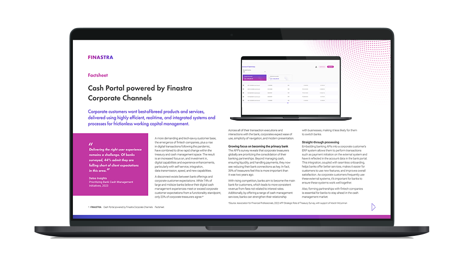 Image of laptop with cover slide for "Cash Portal powered by Finastra Corporate Channels" brochure