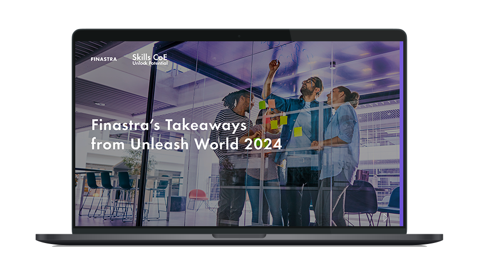Image of laptop with cover slide of "Finastra’s Takeaways from Unleash World 2024" white paper