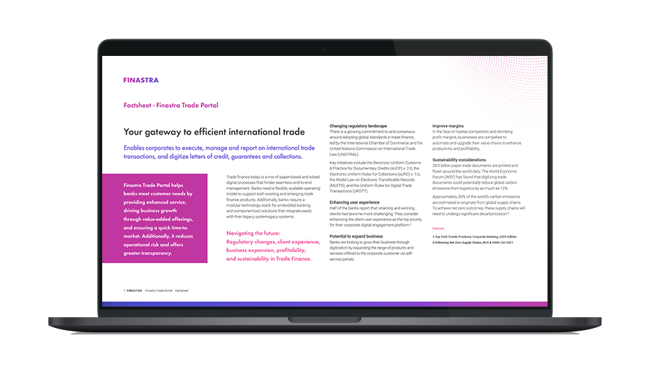 Image of laptop with cover slide of "Trade Portal powered by Finastra Corporate Channels" factsheet