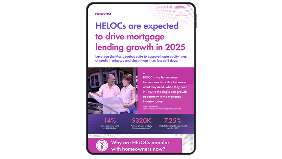 Image of tablet with cover slide of "Finastra flexibly supports Home Equity Lines of Credit (HELOCs)" infographic