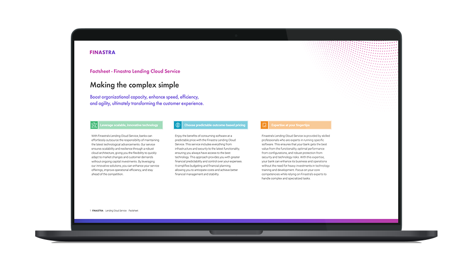 Image of laptop with cover slide for the Finastra Lending Cloud Service factsheet