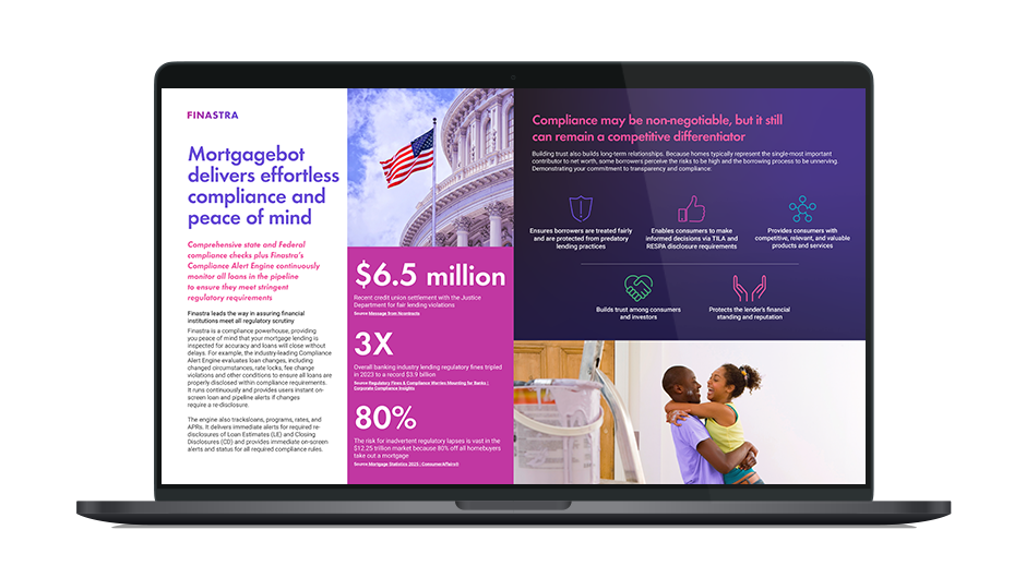 Image of laptop with cover slide for the "Finastra Mortgagebot compliance capabilities" infographic