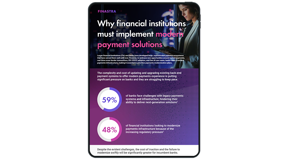 Image of tablet with cover slide of "Why financial institutions must implement modern payment solutions" infographic