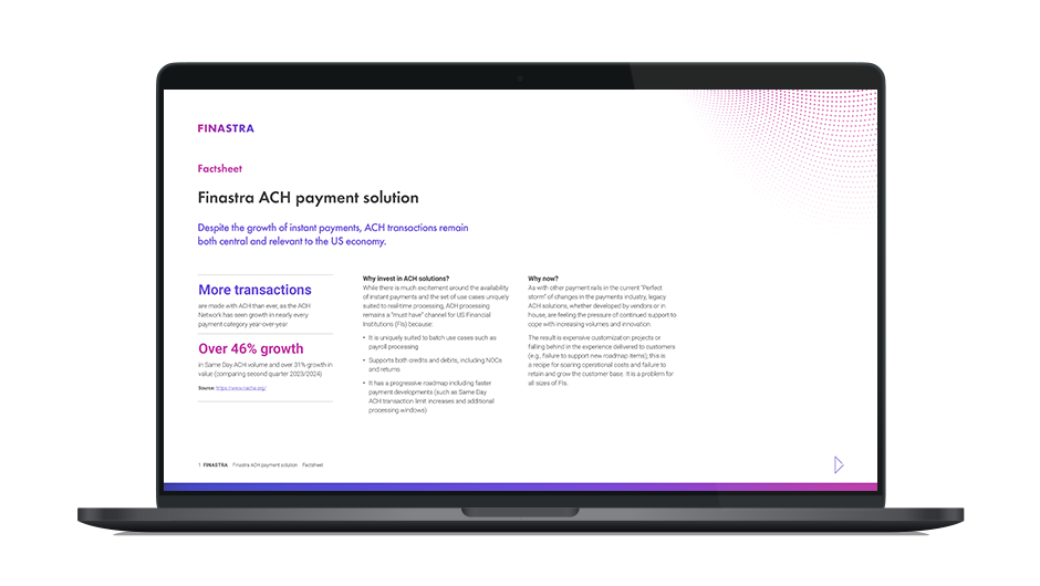 Image of laptop with cover slide for the "ACH payments in the US continue to grow: How will mid-market organizations respond?" factsheet