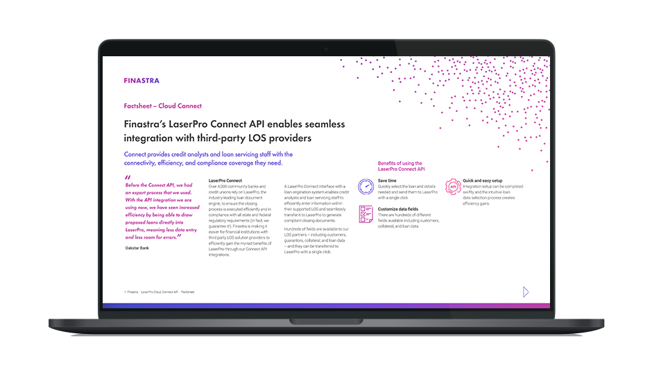 Image of laptop with cover slide of "Finastra LaserPro Connect API" factsheet