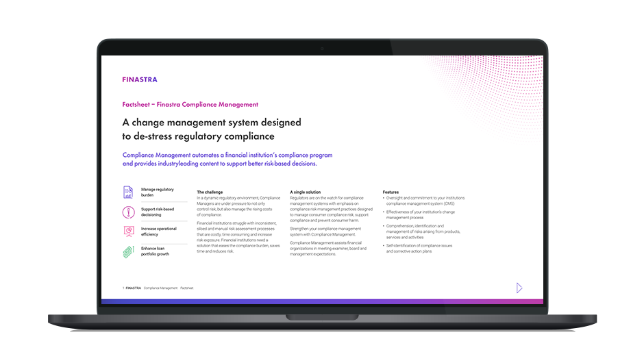 Image of laptop with cover slide for "Finastra Compliance Management" factsheet