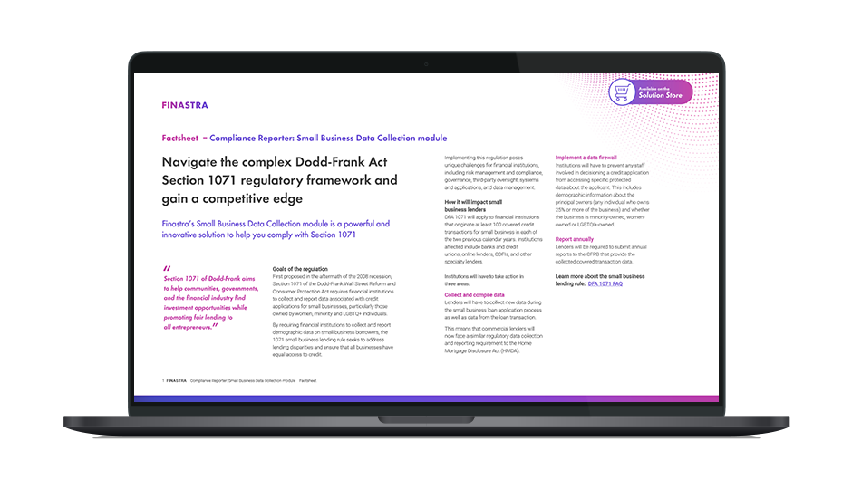 Image of laptop with cover slide for the "Finastra DFA 1071 Factsheet" brochure