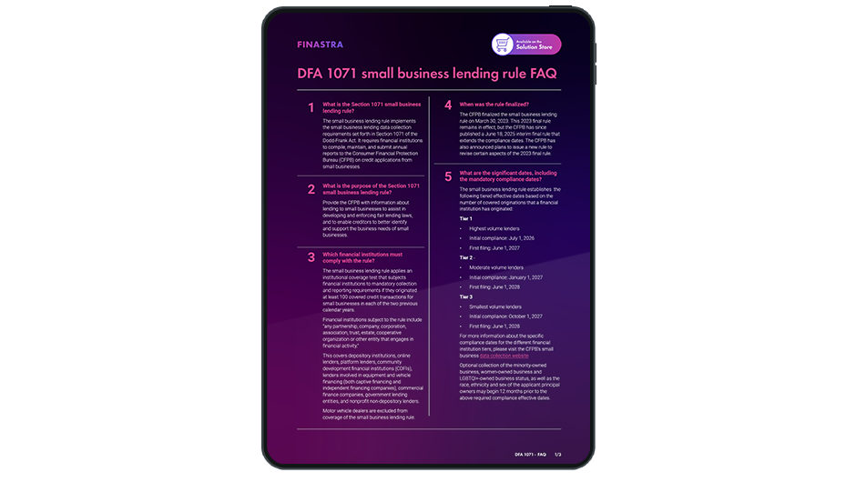 Image of tablet with cover slide of "Frequently asked questions about the DFA 1071 small business lending rule" brochure