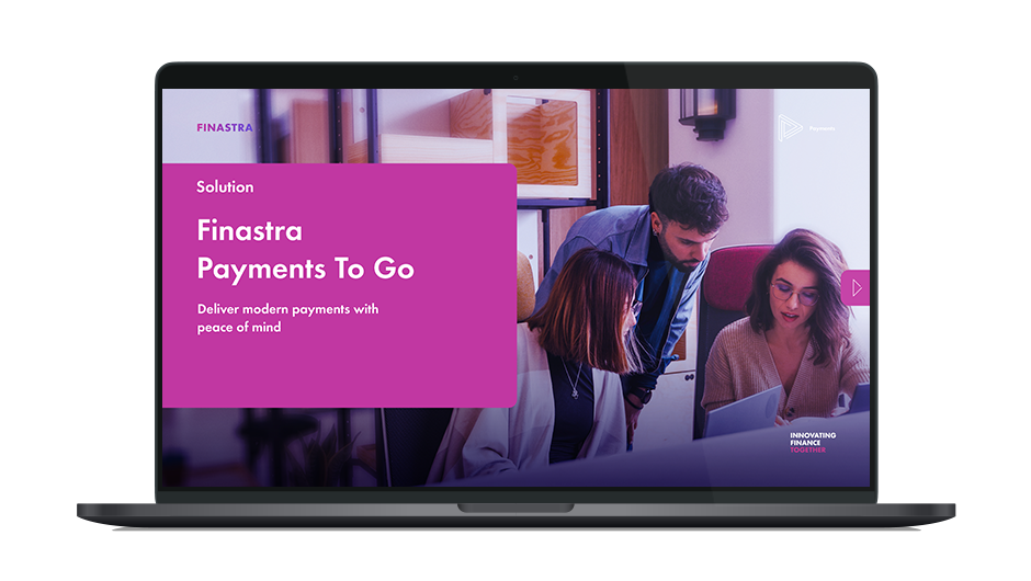Image of laptop with cover slide for the Finastra Payments To Go solution overview