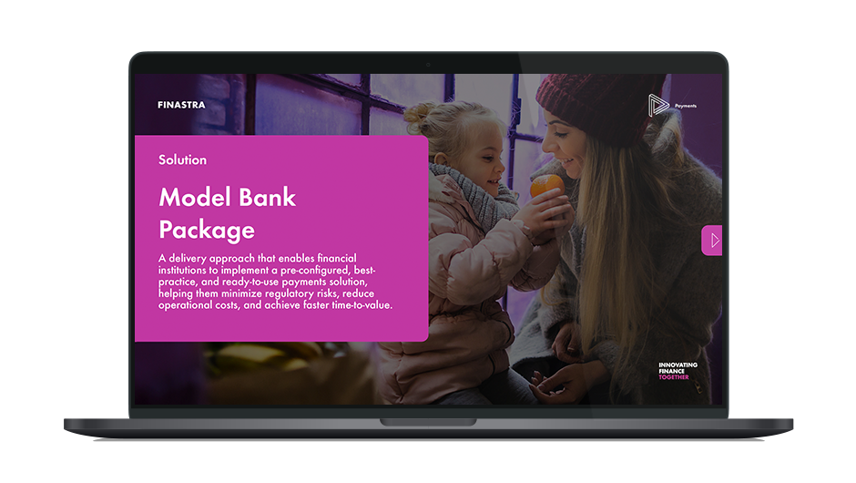Image of laptop with cover slide of "Model Bank Package" brochure