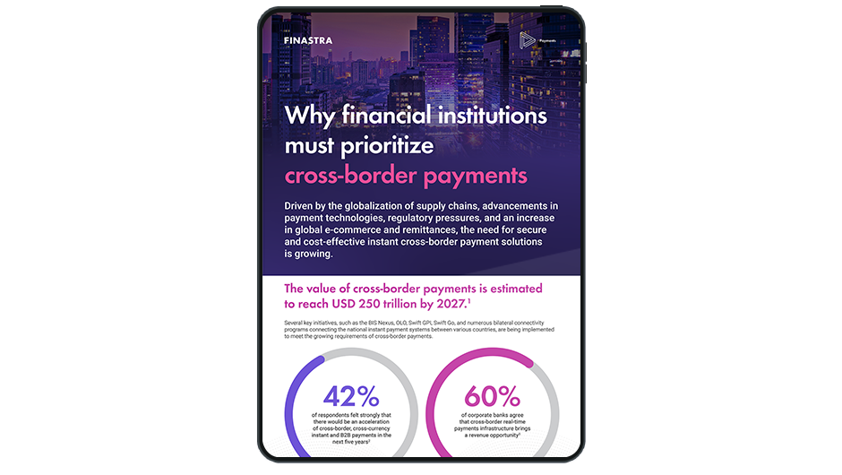 Image of tablet with cover slide of "Why financial institutions must prioritize cross-border payments" infographic