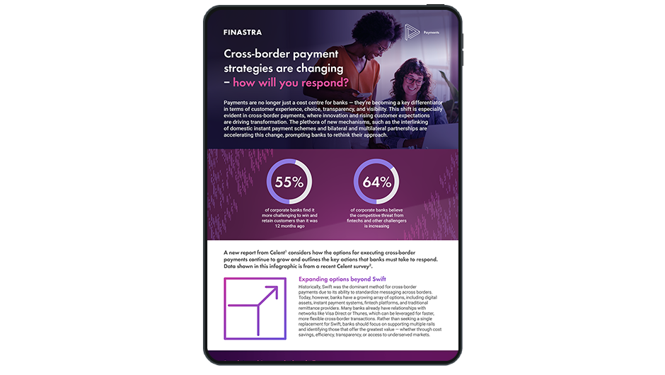 Image of tablet with cover slide of "Cross-border payment strategies are changing – how will you respond?" Infographic