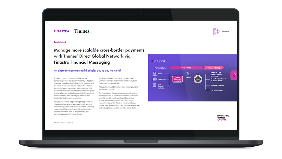 Image of laptop with cover slide for the "Manage more scalable cross-border payments with Thunes’ Direct Global Network via Finastra Financial Messaging" factsheet