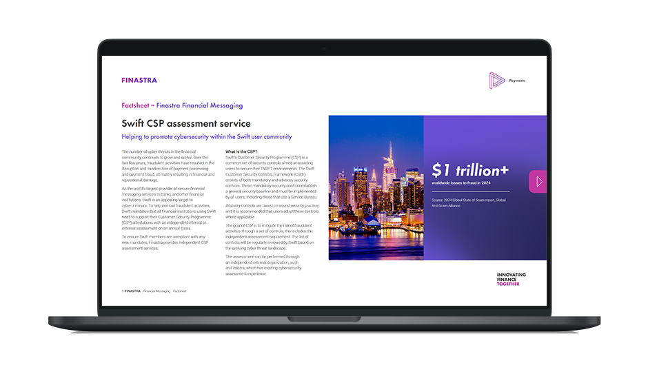 Image of laptop with cover slider for "Swift CSP Assessment Services offered by Finastra" factsheet