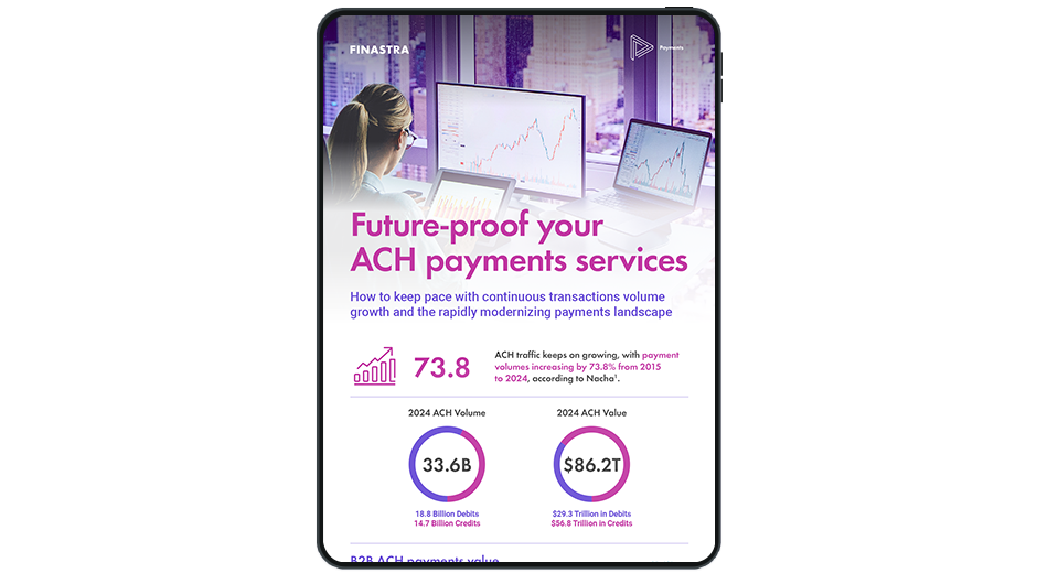 Image of tablet with cover slide for "Future-proof your ACH payments services - keep pace with growing volumes and modernization" infographic