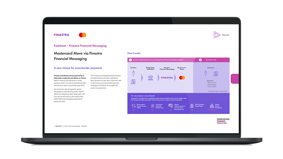 Image of laptop with cover slide of "Mastercard Move via Finastra Financial Messaging" brochure