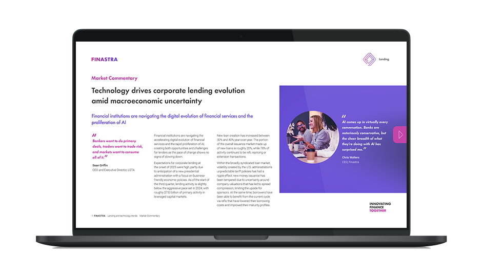 Image of laptop with cover slide of "Technology drives corporate lending evolution amid macroeconomic uncertainty" report